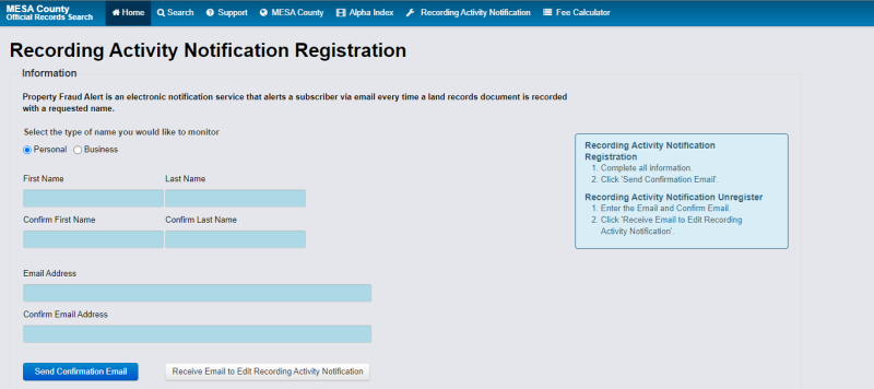 Screen shot from the Recording Department Fraud Alert System