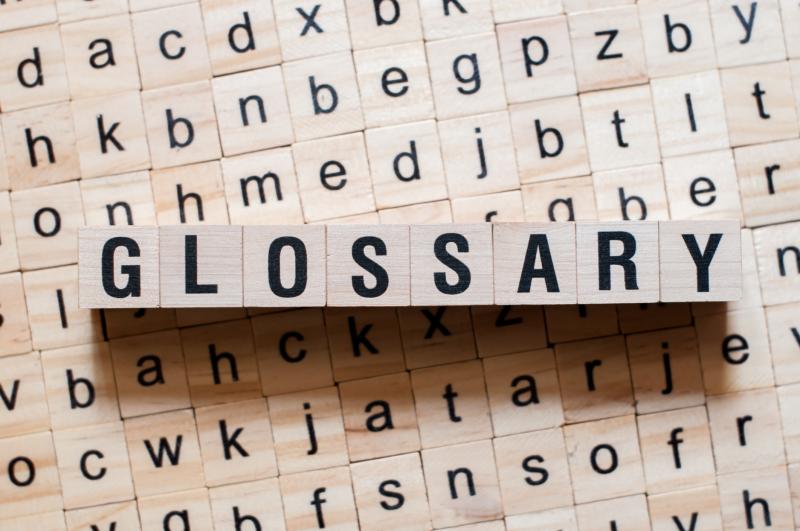 Photograph of wooden blocks with Glossary spelled out perched on top of other wooden blocks with letters on them spread out on the table