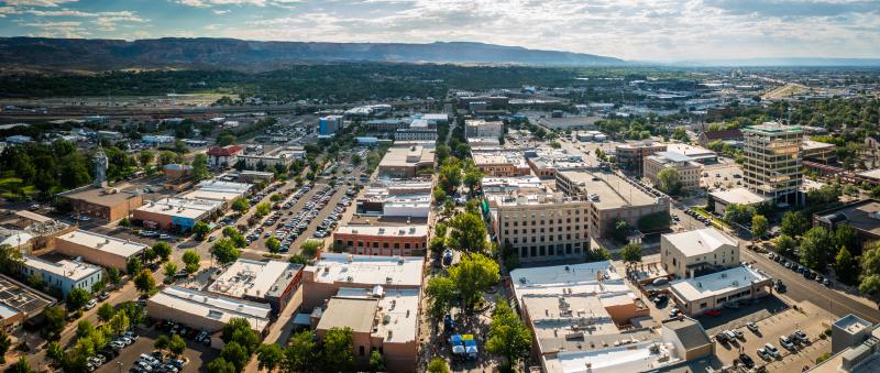 Drone view of downtown Grand Junction in the summer.