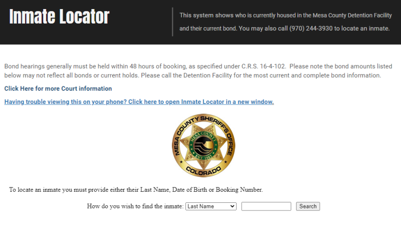 Screenshot from the Inmate Locator system.  Field to select search by criteria, and then field for search phrase, search button.