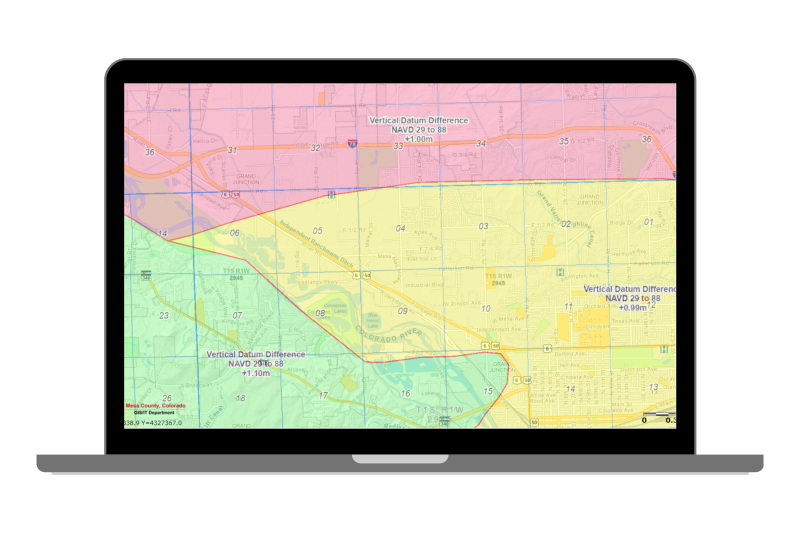 Laptop with a preview of Mesa County Map Viewer Vertical Datum Map.