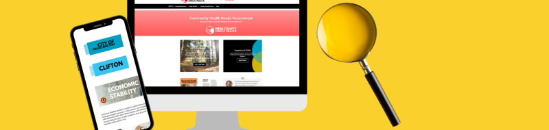 cell phone and computer screen showing part of the community health needs assessment reports plus a magnifying glass