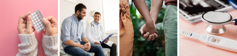 4 scenes of how the clinic offers reproductive health support with birth control, counseling, pregnancy testing