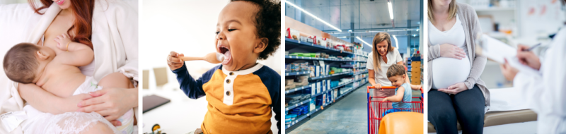 4 stages of baby to toddler, breast feeding, toddler eating off a large wooden spoon, in a shopping cart with mom pushing, woman very pregnant