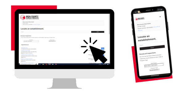 Mesa County Public Health restaurant inspection website on a computer screen and cell phone. 