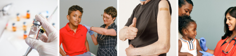 4 images first of a vaccine and needle, second a young boy receiving vaccine, third older man showing arm with bandaid, fourth toddler girl having arm wiped in preparation 