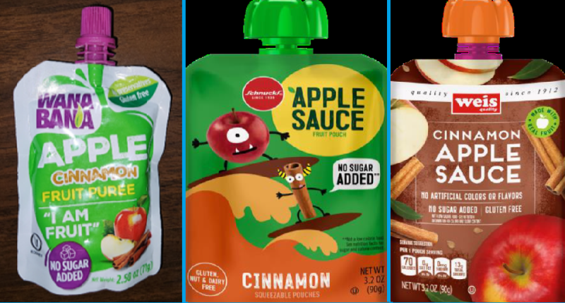 Images of WanaBana apple cinnamon fruit puree pouches, Schnucks brand cinnamon-flavored applesauce pouches, and Weis brand cinnamon applesauce pouches.