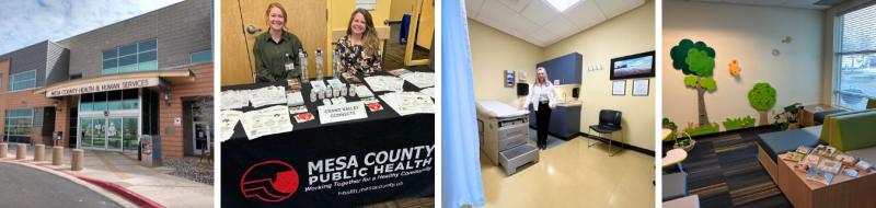 Four Images: Front of building, 2 staff sitting at table, nurse in exam room, WIC waiting room.