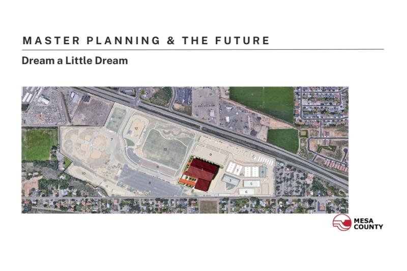 Mesa County Fairgrounds presentation 2024 slide 4. White background with black text and aerial map view of Mesa County. 