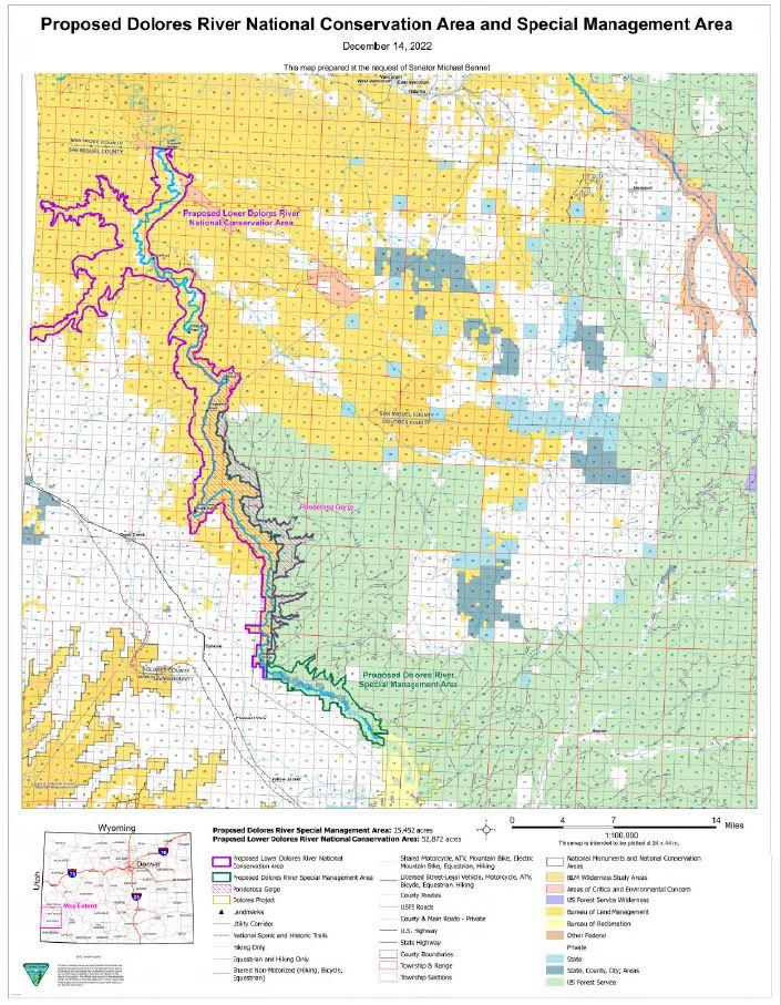 Dolores Canyon National Conservation Area Map showing Montezuma, Dolores, and San Miguel counties.