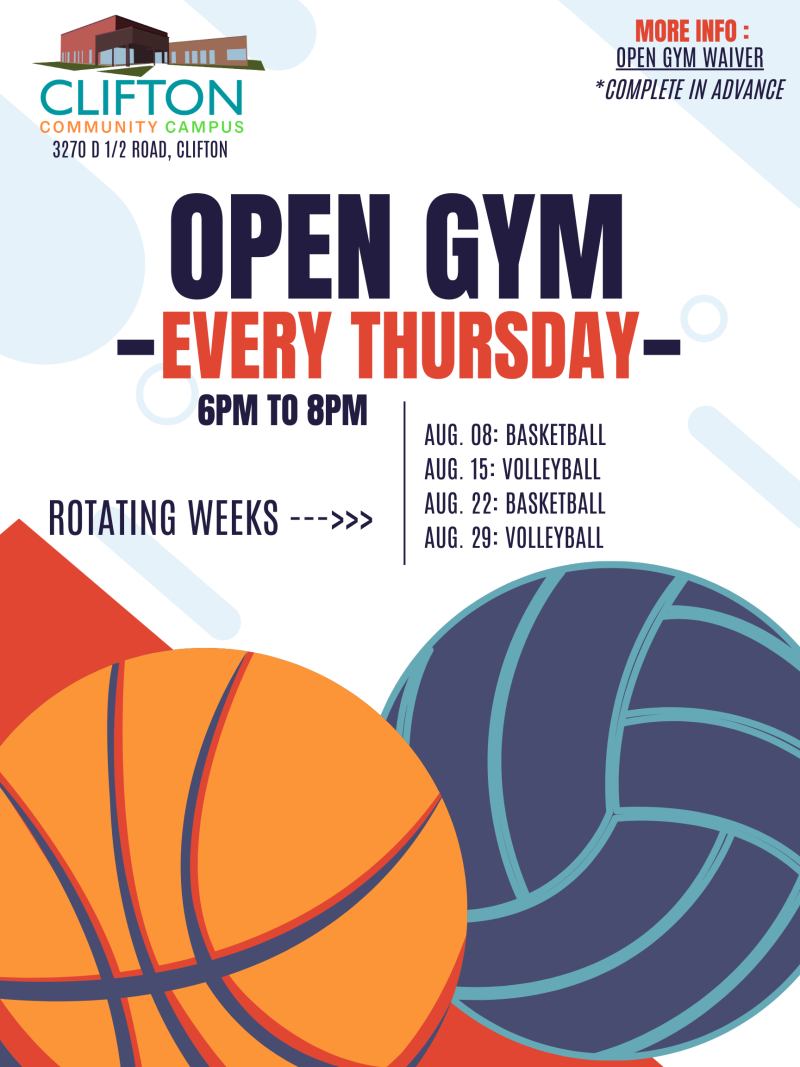 Flyer with orange basketball and blue volleyball with blue and red text reading, "open gym every Thursday."