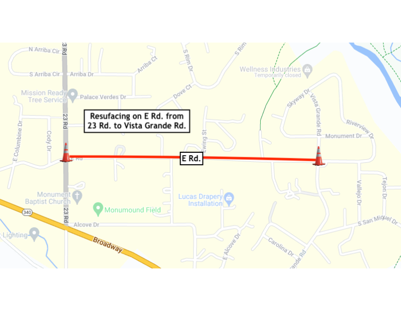 Map of E Road, from 23 Road to Vista Grande Road in the Redlands