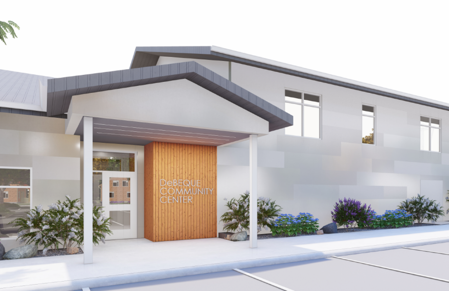 Design graphic for De Beque Community Hall.  Building Front with entrance