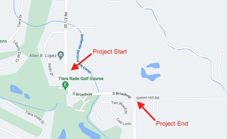 Project map with red arrow pointing to 20 1/2 Rd and Rado Dr reading Project Start and second red arrow pointing to S Broadway and Desert Hill Rd reading Project End.