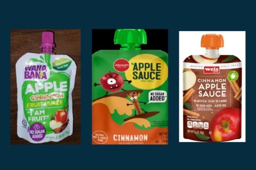 Images of WanaBana apple cinnamon fruit puree pouches, Schnucks brand cinnamon-flavored applesauce pouches, and Weis brand cinnamon applesauce pouches.