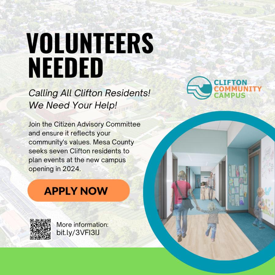 Graphic recruiting volunteers for the Clifton Community Center