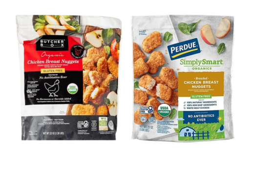 Picture of packaging for Perdue chicken breast nuggets and Butcher Box Organic chicken breast nuggets, which includes pictures of breaded chicken nuggets.