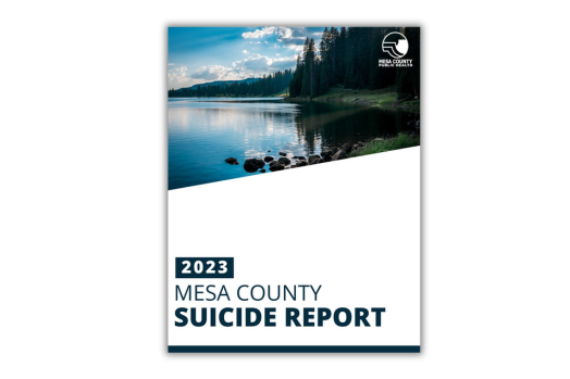 Graphic showing front page of the Mesa County Suicide Report for 2023. It includes a picture of a lake with a forest behind it.