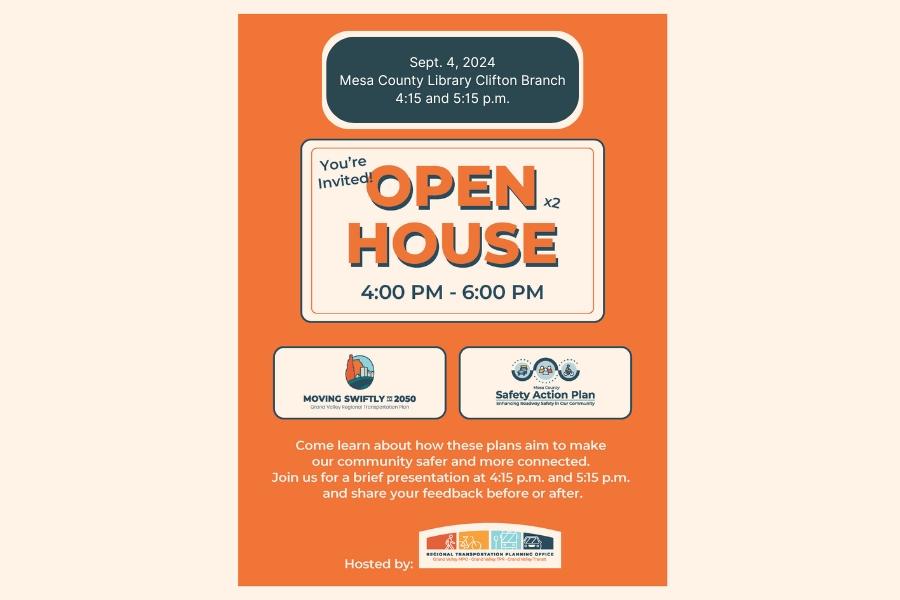 Orange open house flyer for regional transportation plans.