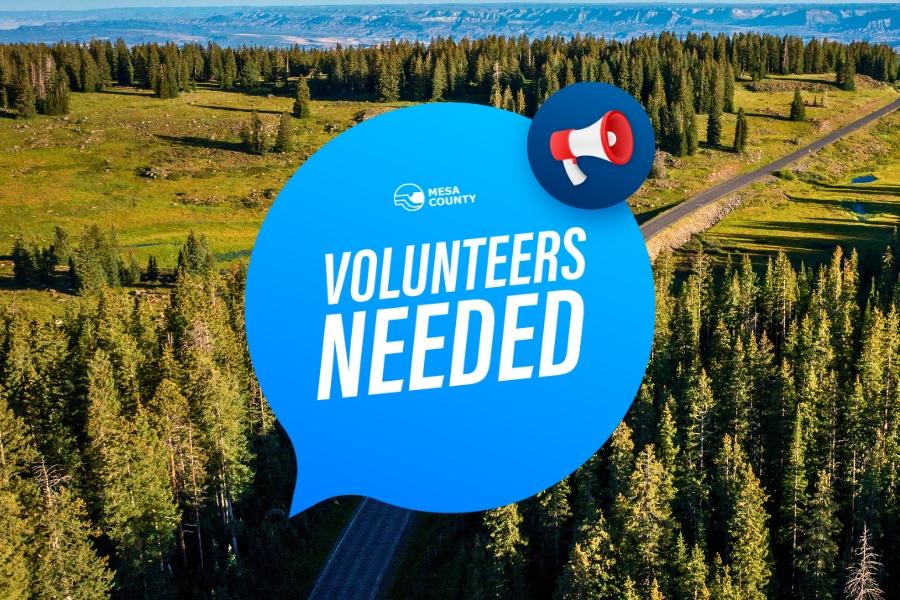 Green trees and blue sky with blue circle with white text reading, "volunteers needed."