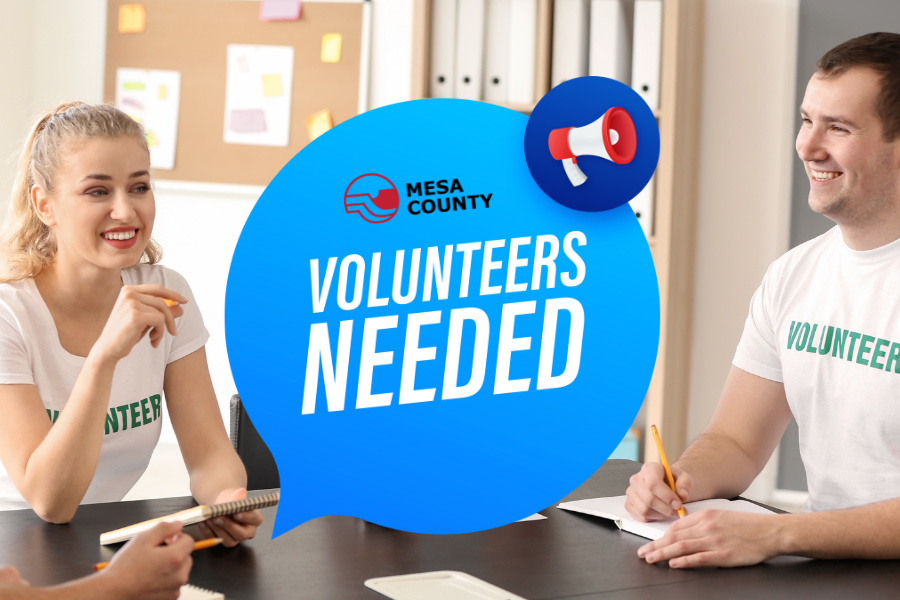 Female and male volunteer sit at a table. A blue graphic with a megaphone icon is over the picture announcing volunteers are needed.  