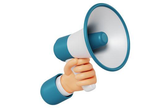 cartoon image of hand holding a blue and white megaphone